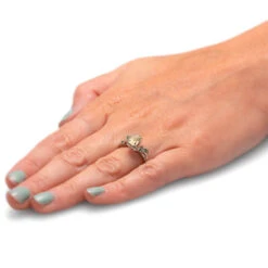 Pink & Green Engagement Ring With Morganite And Emeralds -Johan Jewelry Shop E5456HandshotMorganite