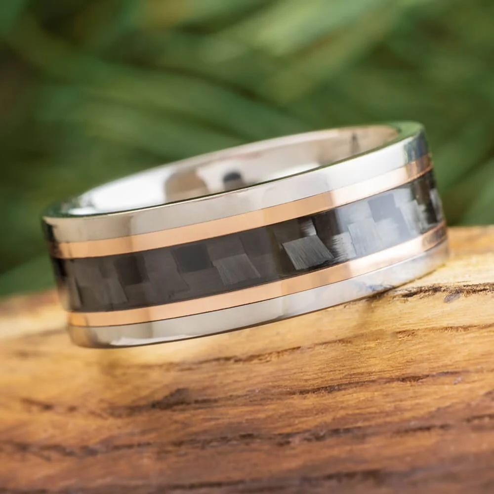Carbon Fiber Ring With Rose Gold Pinstripes In Titanium 3 Carbon Fiber Ring With Rose Gold Pinstripes In Titanium