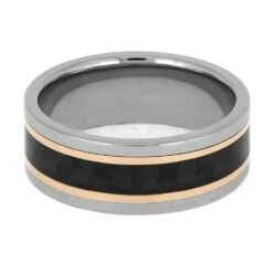 Carbon Fiber Ring With Rose Gold Pinstripes In Titanium 12 Carbon Fiber Ring With Rose Gold Pinstripes In Titanium -Johan Jewelry Shop E5459RG 4