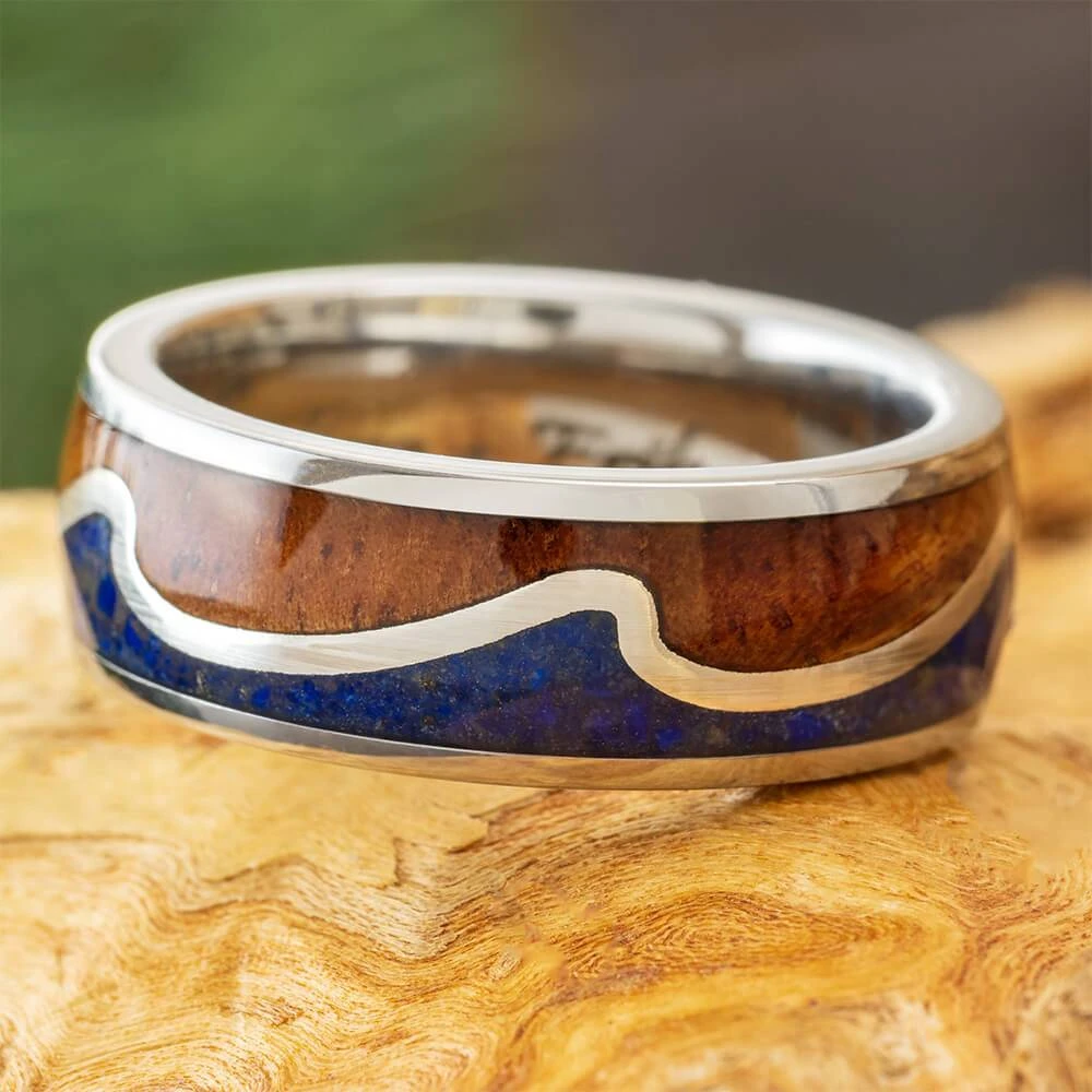 Wavy Wedding Band With Crushed Lapis And Koa Wood 3 Wavy Wedding Band With Crushed Lapis And Koa Wood