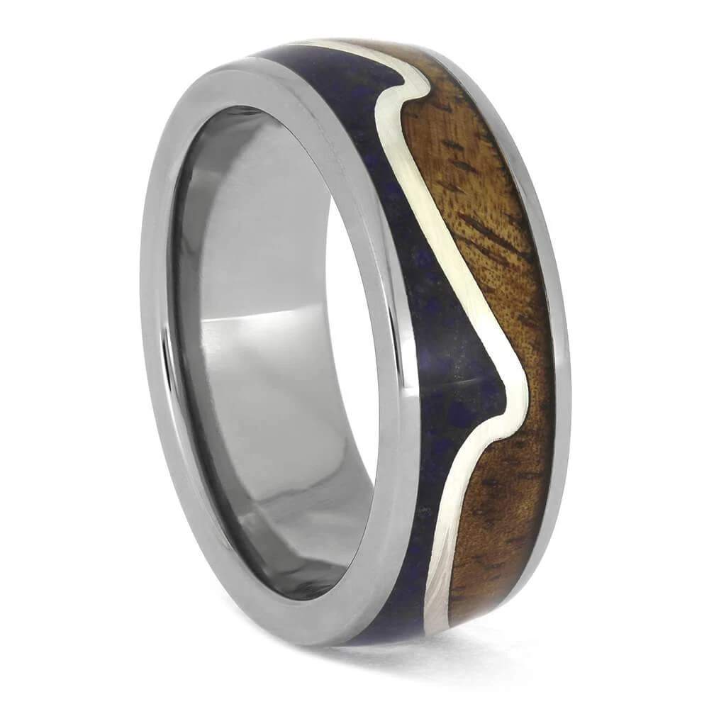 Wavy Wedding Band With Crushed Lapis And Koa Wood 4 Wavy Wedding Band With Crushed Lapis And Koa Wood - Image 2