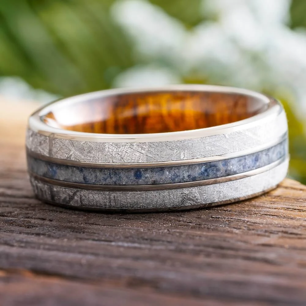 Meteorite And Sapphire Wedding Band For Men With Koa Wood 3 Meteorite And Sapphire Wedding Band For Men With Koa Wood