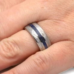 Meteorite And Sapphire Wedding Band For Men With Koa Wood 13 Meteorite And Sapphire Wedding Band For Men With Koa Wood -Johan Jewelry Shop E5462Handshot