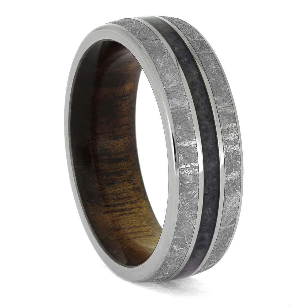 Meteorite And Sapphire Wedding Band For Men With Koa Wood 4 Meteorite And Sapphire Wedding Band For Men With Koa Wood - Image 2