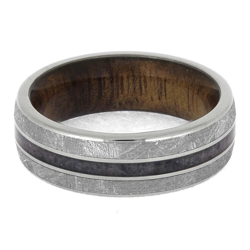 Meteorite And Sapphire Wedding Band For Men With Koa Wood 7 Meteorite And Sapphire Wedding Band For Men With Koa Wood - Image 5