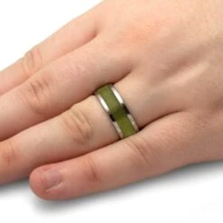 Titanium Wedding Band With Yellow Sand Inlay -Johan Jewelry Shop E5476YellowHandshot 1