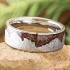 Wavy Mountain Ring With Meteorite And Fossil