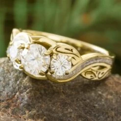 Three Stone Engagement Ring In Yellow Gold With Meteorite