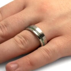 Chrysocolla And Green Box Elder Burl Wedding Band In Titanium -Johan Jewelry Shop E5525Handshot