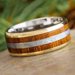 Ironwood And Meteorite Wedding Band With Gold Accents