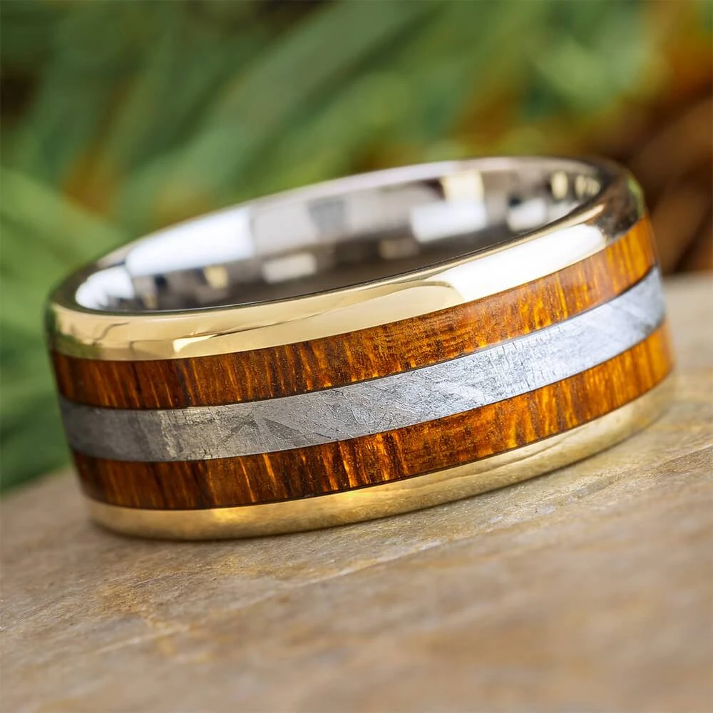 Ironwood And Meteorite Wedding Band With Gold Accents 3 Ironwood And Meteorite Wedding Band With Gold Accents