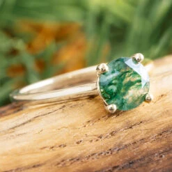 White Gold Engagement Ring With Faceted Moss Agate