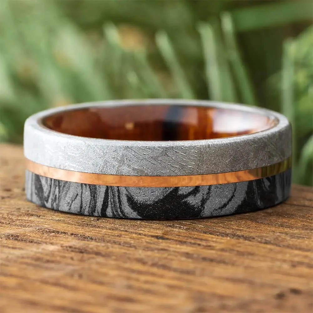 Ironwood, Meteorite And Mokume Wedding Band With Rose Gold Pinstripe 3 Ironwood, Meteorite And Mokume Wedding Band With Rose Gold Pinstripe
