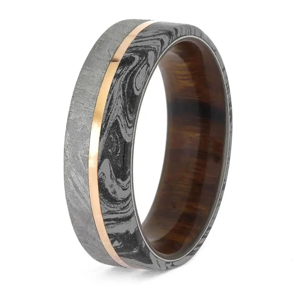 Ironwood, Meteorite And Mokume Wedding Band With Rose Gold Pinstripe 6 Ironwood, Meteorite And Mokume Wedding Band With Rose Gold Pinstripe - Image 4