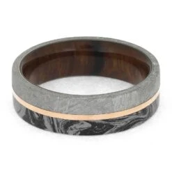 Ironwood, Meteorite And Mokume Wedding Band With Rose Gold Pinstripe 12 Ironwood, Meteorite And Mokume Wedding Band With Rose Gold Pinstripe -Johan Jewelry Shop E5540RG 4