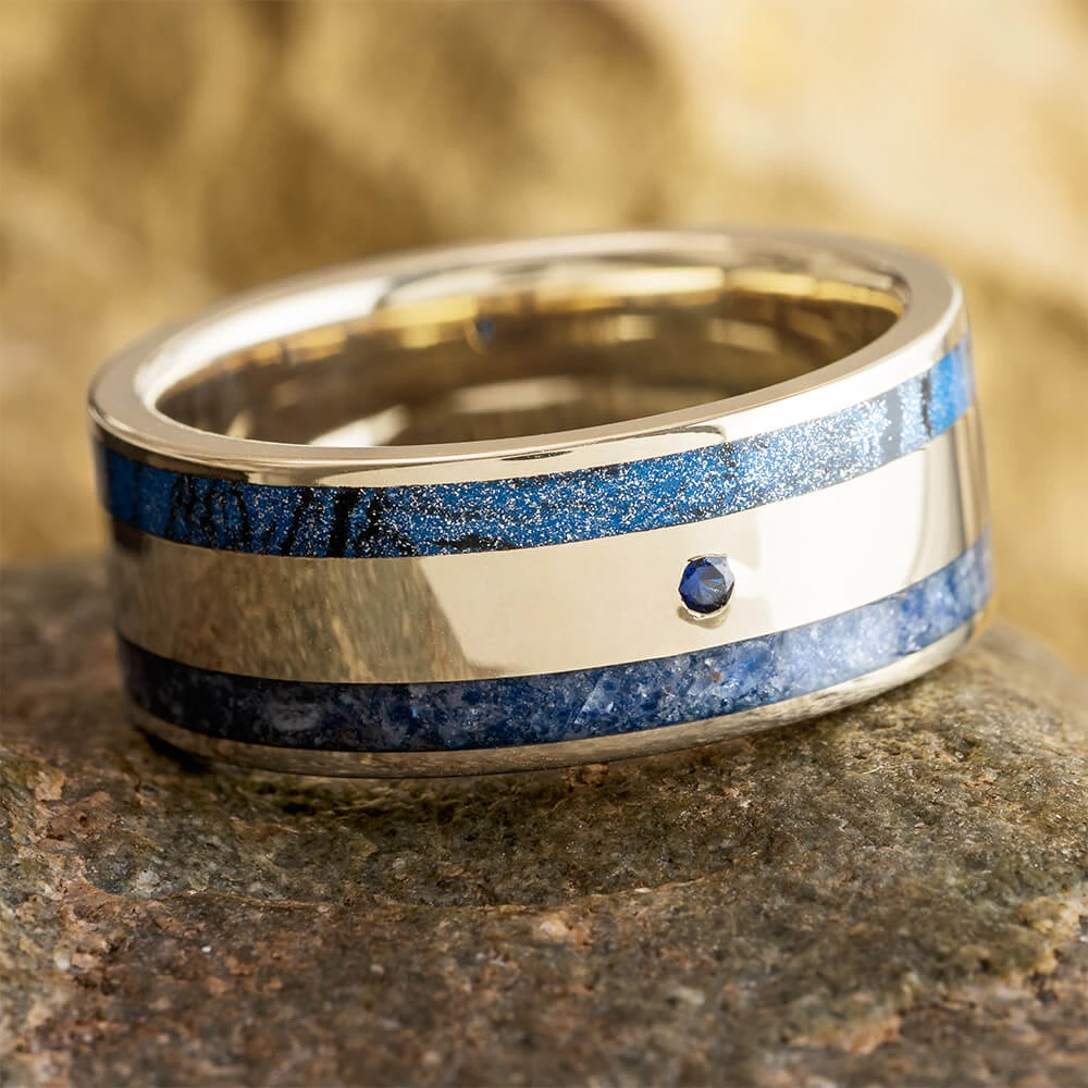 Men's Blue Wedding Band With Mokume Gane And Sapphire In White Gold 3 Men's Blue Wedding Band With Mokume Gane And Sapphire In White Gold