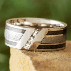 Platinum Wedding Band With Diamonds, Meteorite And Fossil Inlays