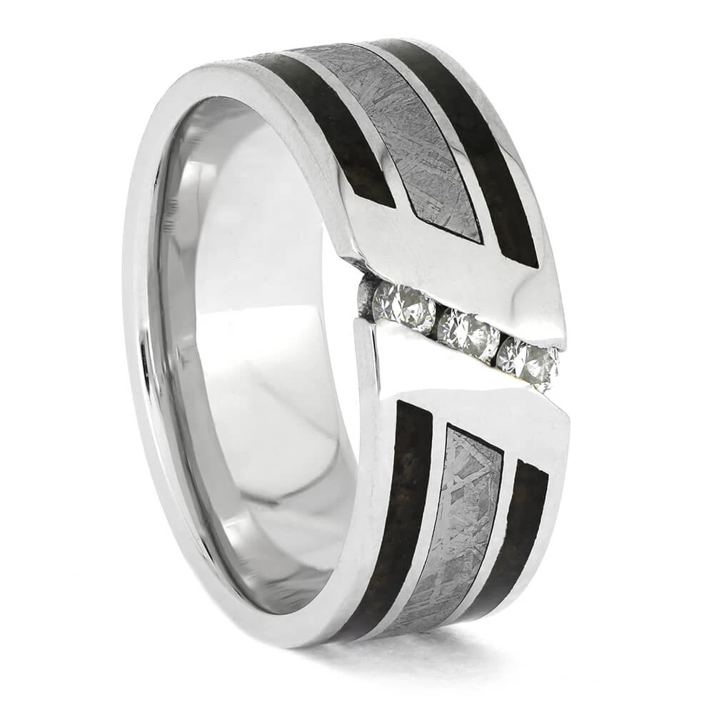 Platinum Wedding Band With Diamonds, Meteorite And Fossil Inlays 4 Platinum Wedding Band With Diamonds, Meteorite And Fossil Inlays - Image 2