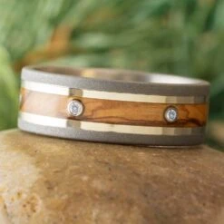 Custom Eternity Band With Olive Wood And White Gold Pinstripes