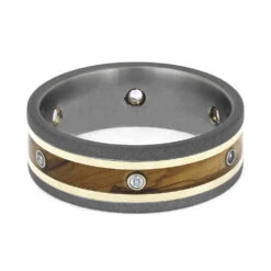 Custom Eternity Band With Olive Wood And White Gold Pinstripes -Johan Jewelry Shop E5570WG 4