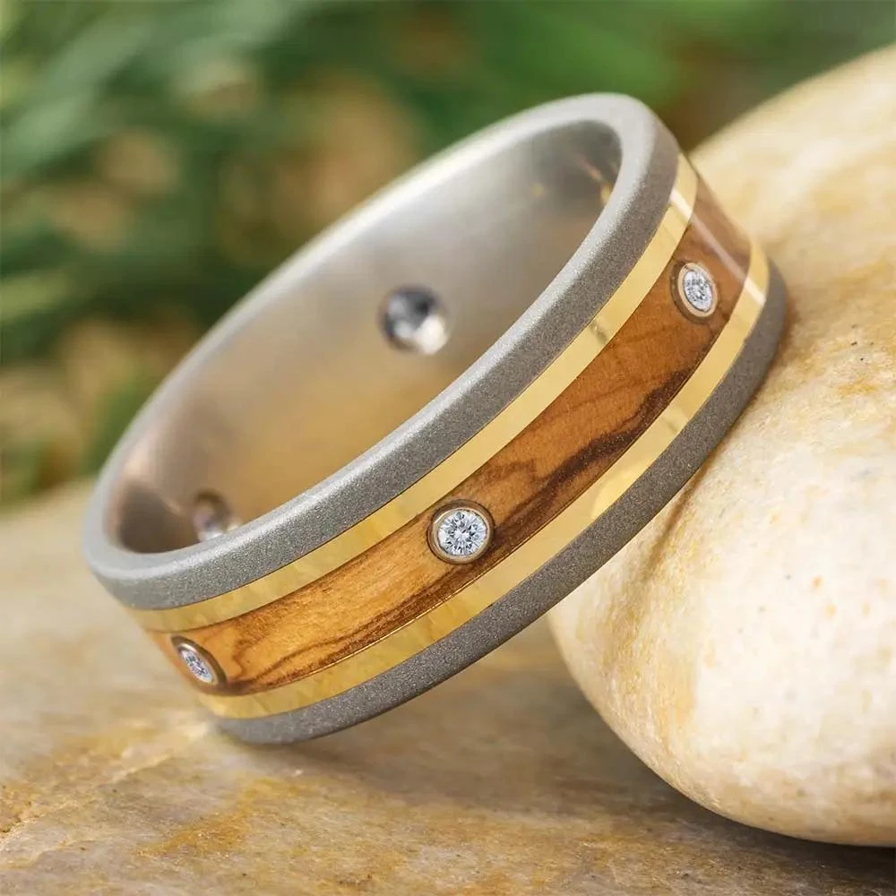 Olive Wood Eternity Band With Moissanites And Yellow Gold 3 Olive Wood Eternity Band With Moissanites And Yellow Gold