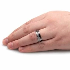 Unique Meteorite And Dinosaur Bone Wedding Band With Wood Pinstripe -Johan Jewelry Shop E5578Handshot