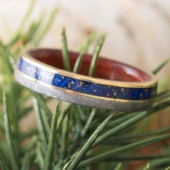 Gold And Meteorite Wedding Band With Lapis Lazuli