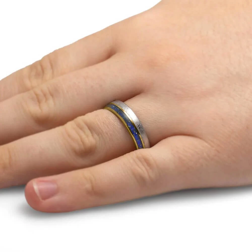 Gold And Meteorite Wedding Band With Lapis Lazuli 8 Gold And Meteorite Wedding Band With Lapis Lazuli - Image 6