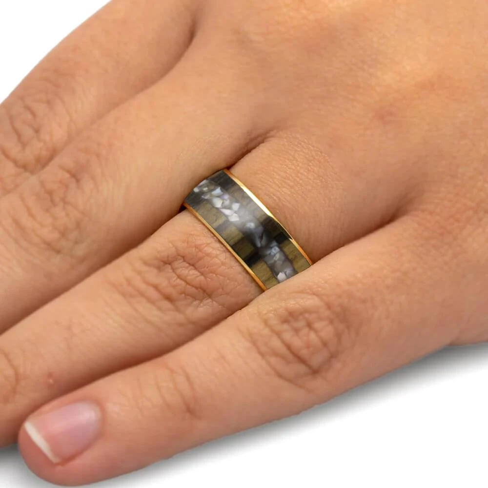 Men's Pearl And Wood Wedding Band In Yellow Gold 8 Men's Pearl And Wood Wedding Band In Yellow Gold - Image 6