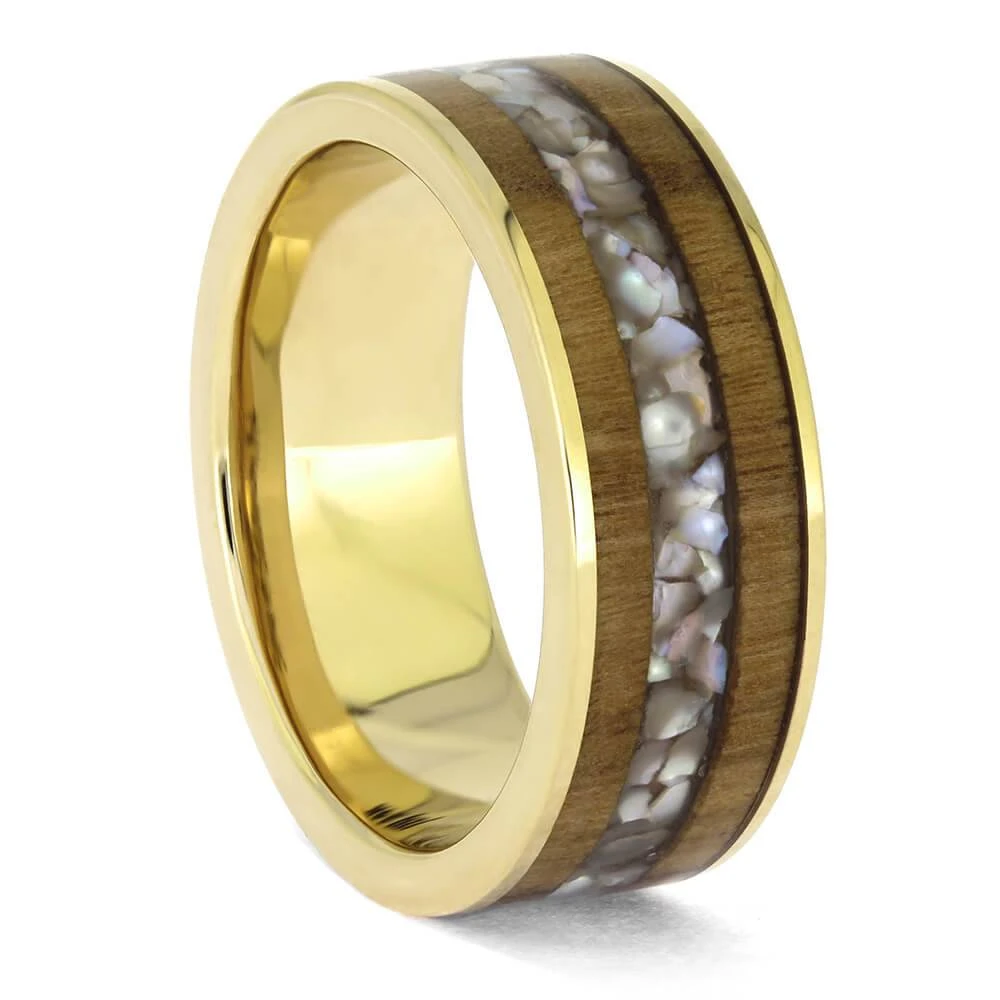 Men's Pearl And Wood Wedding Band In Yellow Gold 4 Men's Pearl And Wood Wedding Band In Yellow Gold - Image 2