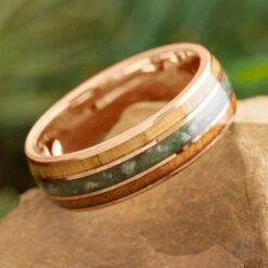 Rose Gold Wedding Band With Jade And Wood Inlays