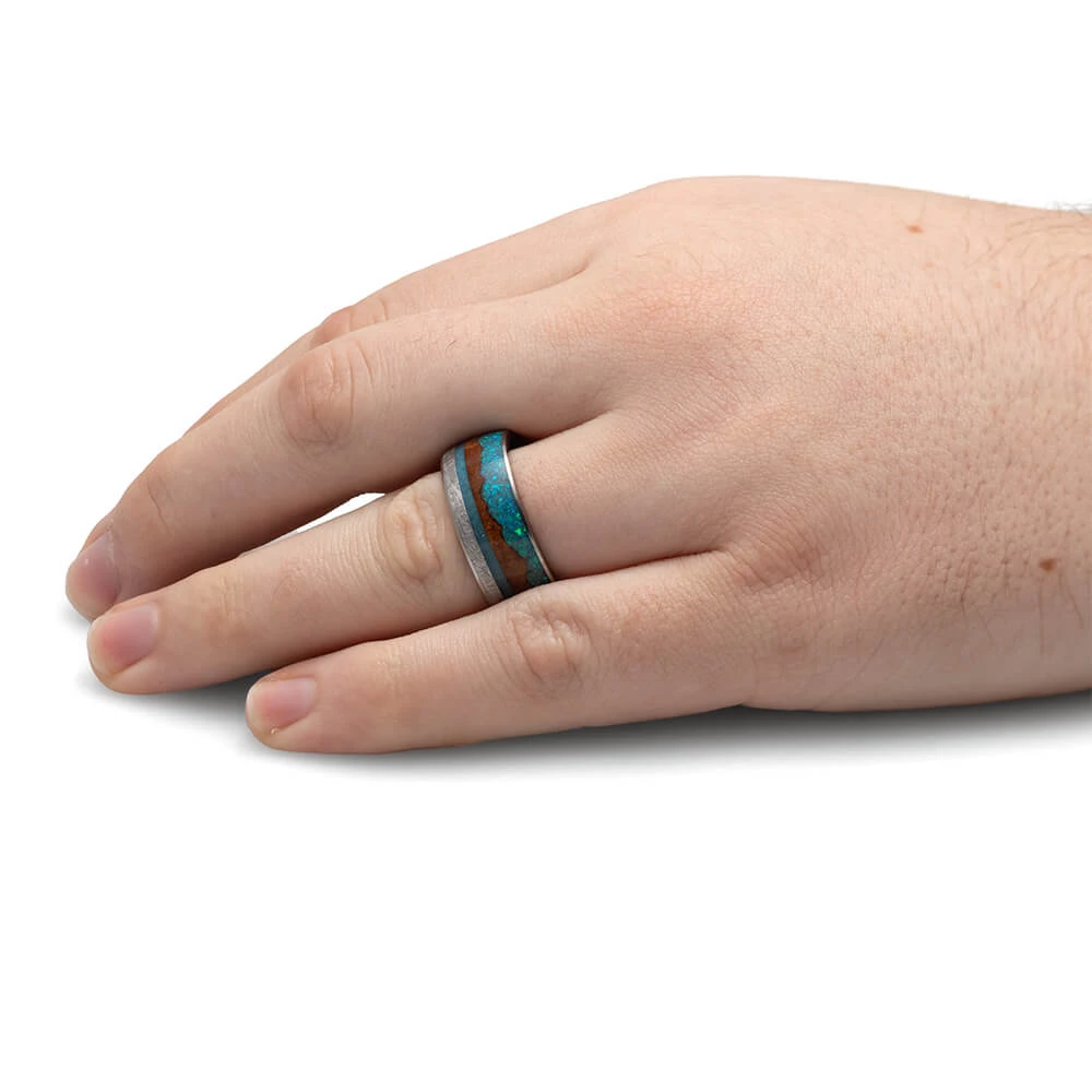 Tropical Mountain Wedding Band With Wood, Opal, And Meteorite 8 Tropical Mountain Wedding Band With Wood, Opal, And Meteorite - Image 6