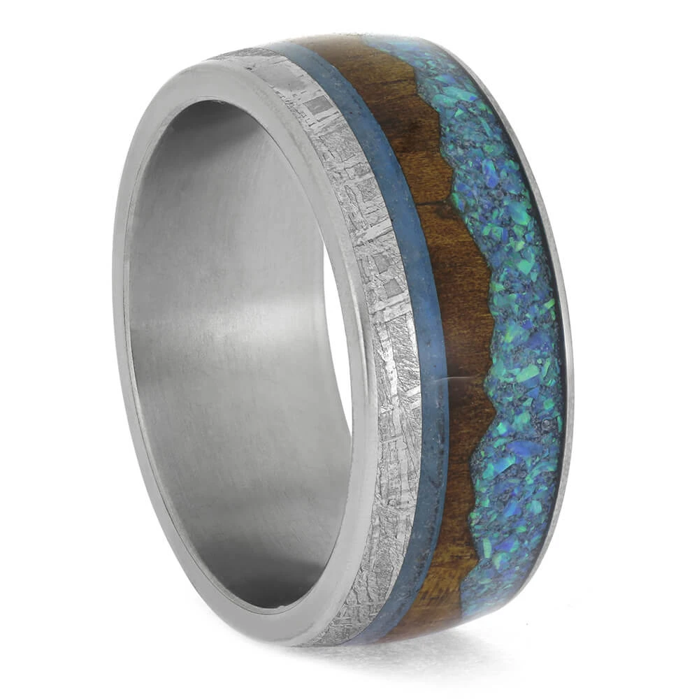 Tropical Mountain Wedding Band With Wood, Opal, And Meteorite 4 Tropical Mountain Wedding Band With Wood, Opal, And Meteorite - Image 2