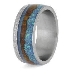 Tropical Mountain Wedding Band With Wood, Opal, And Meteorite 11 Tropical Mountain Wedding Band With Wood, Opal, And Meteorite -Johan Jewelry Shop E5608 3