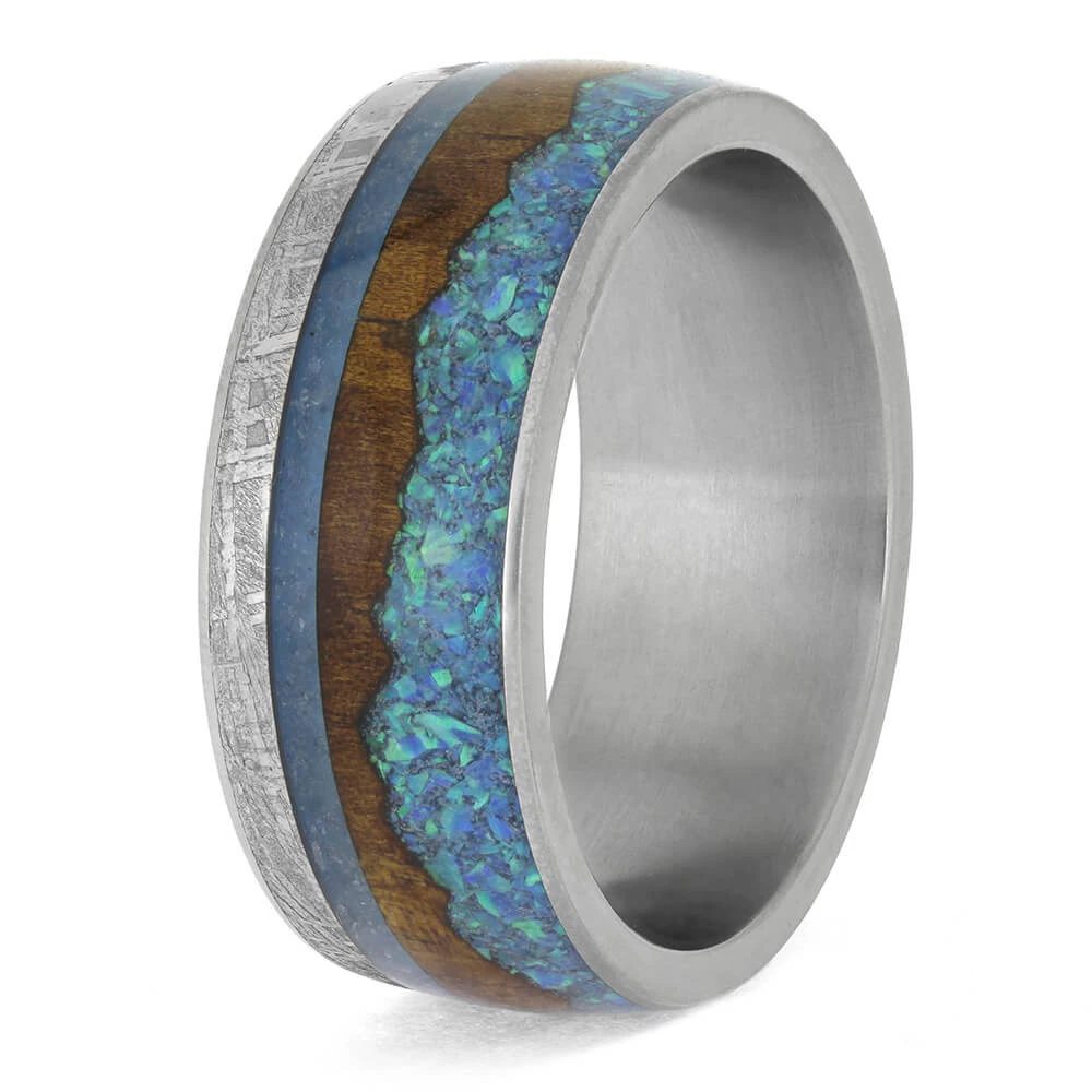 Tropical Mountain Wedding Band With Wood, Opal, And Meteorite 6 Tropical Mountain Wedding Band With Wood, Opal, And Meteorite - Image 4