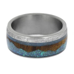 Tropical Mountain Wedding Band With Wood, Opal, And Meteorite 12 Tropical Mountain Wedding Band With Wood, Opal, And Meteorite -Johan Jewelry Shop E5608 4