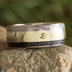 Meteorite Wedding Band For Men With Peridot And White Gold