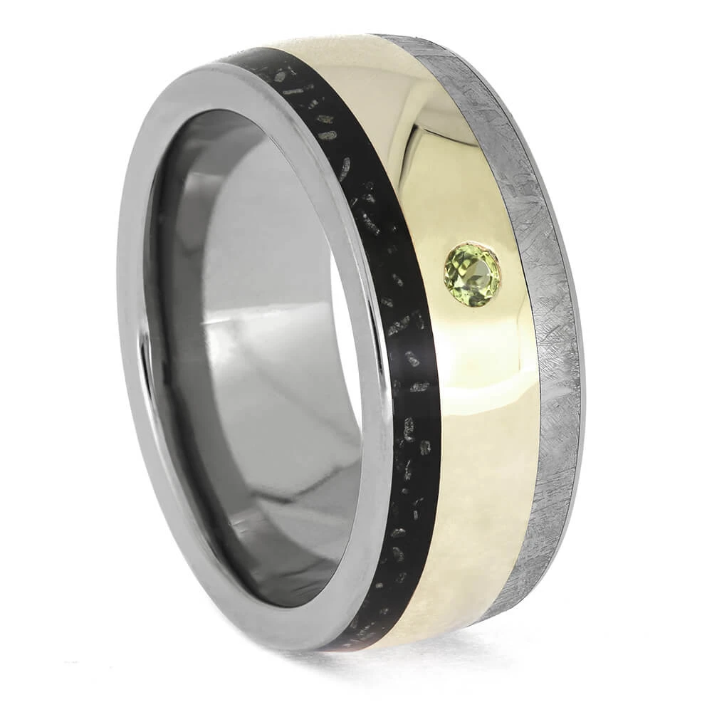 Meteorite Wedding Band For Men With Peridot And White Gold 4 Meteorite Wedding Band For Men With Peridot And White Gold - Image 2