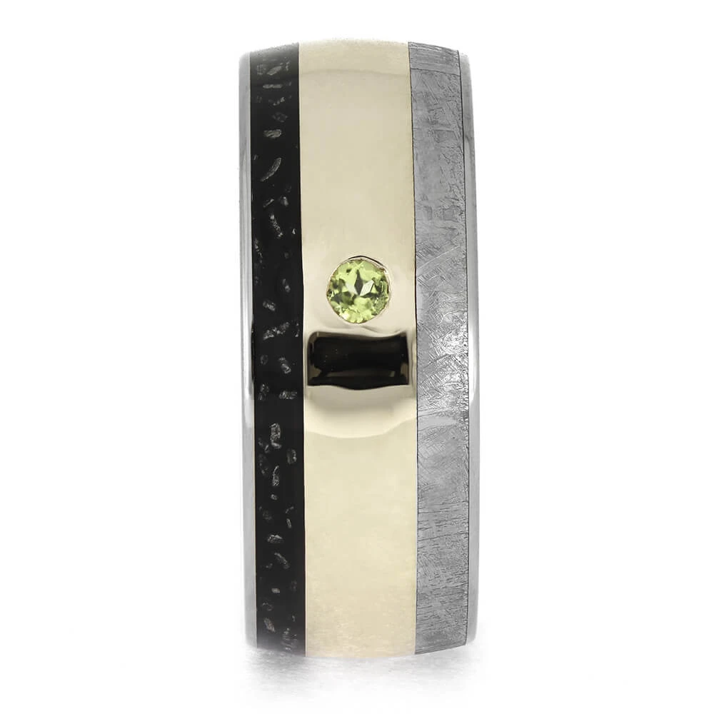 Meteorite Wedding Band For Men With Peridot And White Gold 5 Meteorite Wedding Band For Men With Peridot And White Gold - Image 3