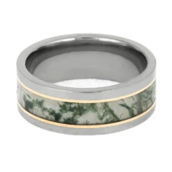 Men's Moss Agate Wedding Band With Gold Accents -Johan Jewelry Shop E5622YG 4
