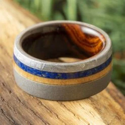 Men's Meteorite And Hardwood Wedding Band With Lapis Lazuli
