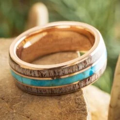 Deer Antler And Kingman Turquoise Wedding Band In Rose Gold