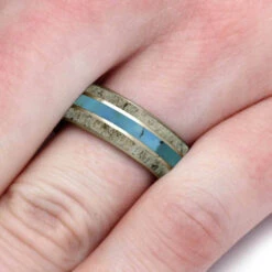 Turquoise And Antler Wedding Band For Men -Johan Jewelry Shop E5660WGHandshot