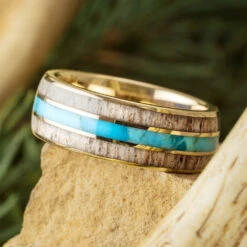 Custom Gold Wedding Band With Turquoise And Antler Inlays