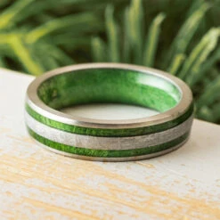 Green Wood And Meteorite Wedding Band In Titanium