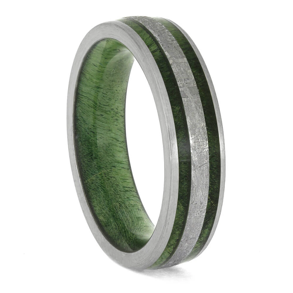 Green Wood And Meteorite Wedding Band In Titanium 4 Green Wood And Meteorite Wedding Band In Titanium - Image 2