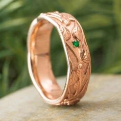 Rose Gold And Green Tourmaline Wedding Band With Floral Design
