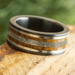 Custom Black Zirconium Memorial Ring With Wood And White Gold