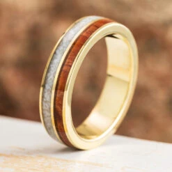 Gold Unisex Wedding Band With White Opal And Redwood