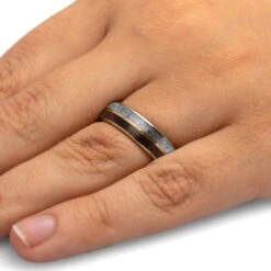 Gold Unisex Wedding Band With White Opal And Redwood -Johan Jewelry Shop E5704YGHandshot